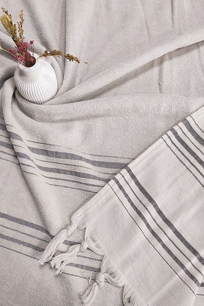 Sevim Soft and High Absorbent Stone Color Striped Cotton Towel Peshtemal - 90x170