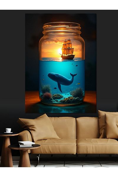 Tablomega Lighthouse and Whale in the Sea Decorative Canvas - Mdf Wooden Painting