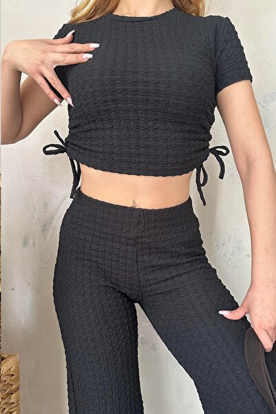 RB CLUB Set de tricotaje Seersucker Crop cu croială asimetrică Negru