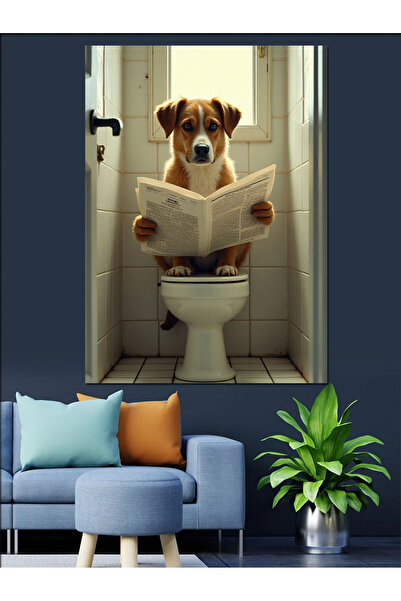 ekart Tuvalette Gazete Okuyan Köpek Dekoratif Kanvas - Mdf Ahşap Tablo