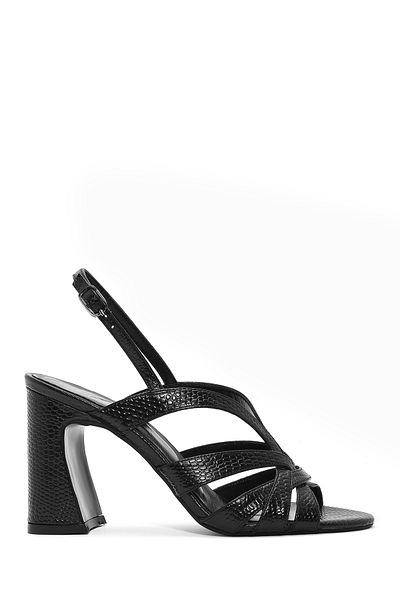 Derimod Women's Black Back Strap Patterned Leather Thick Heeled Sandals 25Sfd 161626