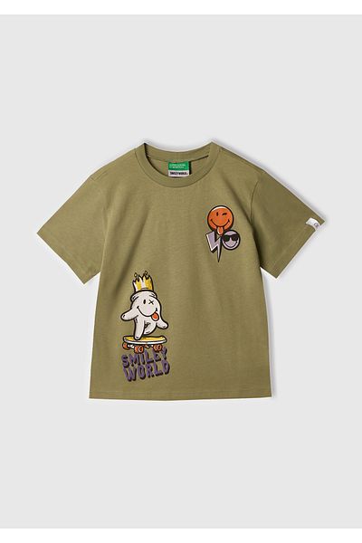 United Colors of Benetton Tricou cu etichetă cu logo-ul Smiley World kaki pentru băiat