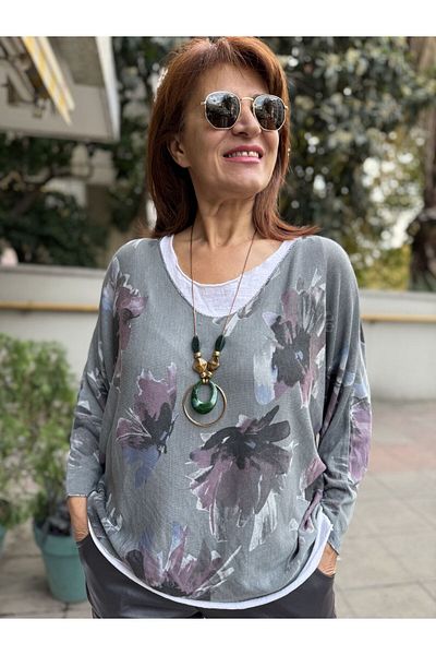 DenizEge Italian Floral Print Blouse Cagla Green
