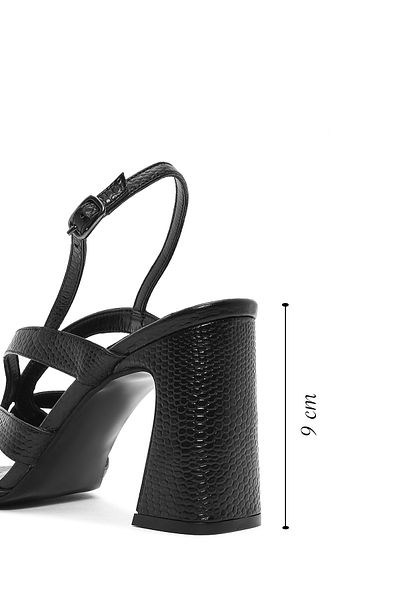 Derimod Women's Black Back Strap Patterned Leather Thick Heeled Sandals 25Sfd 161626