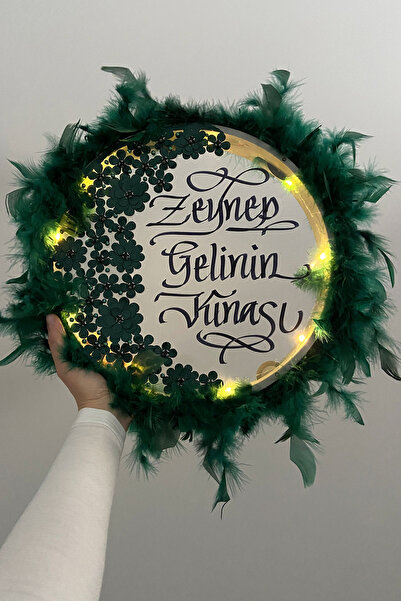 ZEYMERADE Yeşil Ledli Şeffaf Gelin Tefi 32cm 3d Çiçek Parlak Taş Otrişli Düğü...