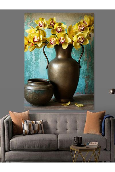 Tablomega Golden Yellow Orchid Decorative Canvas - Mdf Wooden Table