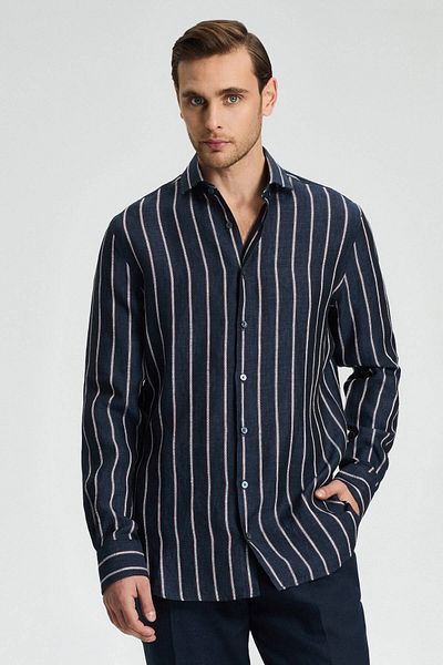 Hemington Navy Blue Pure Linen Line Patterned Shirt