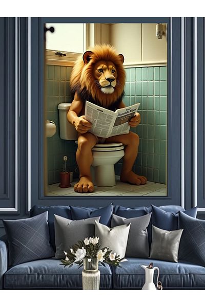 Tablomega Lion Toilet and Newspaper Decorative Canvas - Mdf Wooden Table