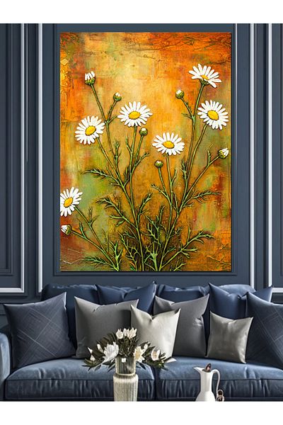 Tablomega Natural Daisy and Orange Background Decorative Canvas - Mdf Wooden Painting
