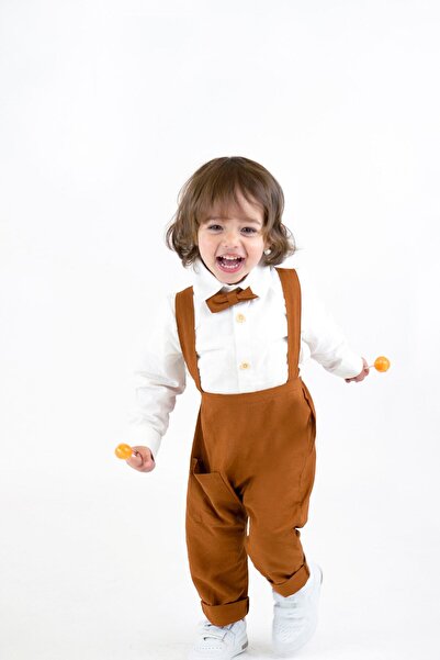 Catz Kids Brown Harem Salopet Linen Shirt And Bow Tie