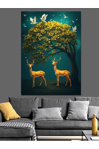 Tablomega Two Deer and Fairy Tale Tree Decorative Canvas - Mdf Wooden Painting