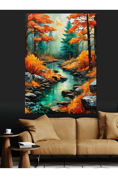 Tablomega Autumn River Landscape Decorative Canvas - Mdf Wooden Table