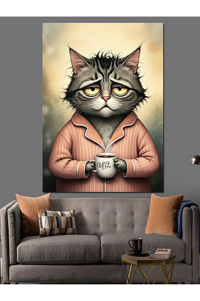 Tablomega Coffee and Cat Decorative Canvas - Mdf Wooden Painting