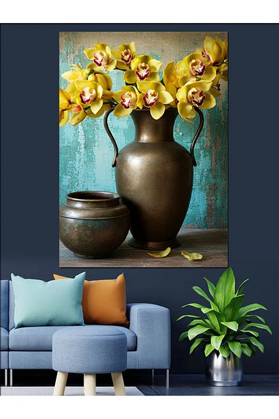 Tablomega Golden Yellow Orchid Decorative Canvas - Mdf Wooden Table
