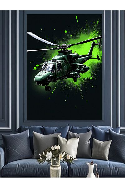 Tablomega Green Helicopter Decorative Canvas - Mdf Wooden Painting