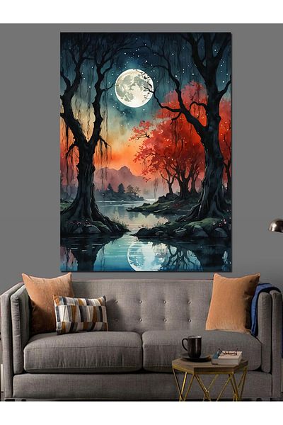 Tablomega Red Moon and Tree Nature Illustration Decorative Canvas - Mdf Wooden Painting