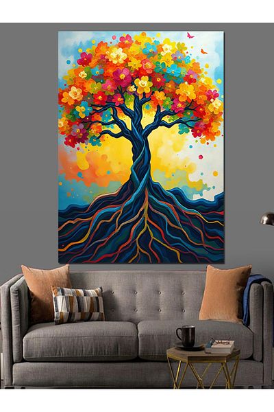 Tablomega Tree with Colorful Roots and Abstract Design Decorative Canvas - Mdf Wooden Painting