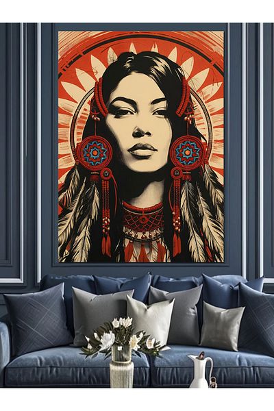 Tablomega Native American Woman and Symbol Decorative Canvas - Mdf Wooden Painting