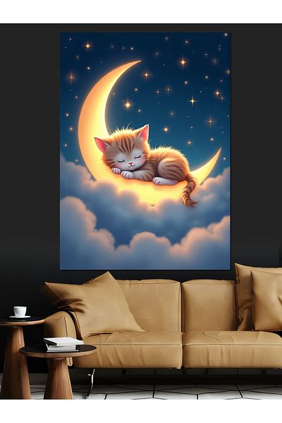 Tablomega Kitten Sleeping on the Moon Decorative Canvas - Mdf Wooden Painting