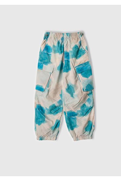 United Colors of Benetton Pantaloni de parașuta pentru fete, cu amestec albastru, cu model, cu talie elastică, cu buzunar cu clapă