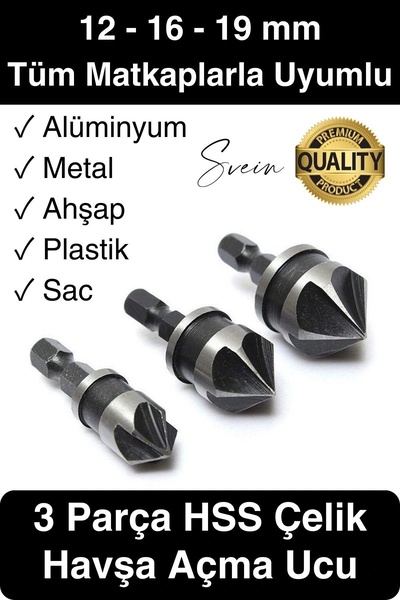Svein A Kalite 3 Parça Premium Havşa Açma Matkap Ucu Seti HSS Bits Uçlu Pasla...