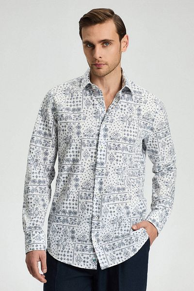 Hemington Pure Cotton Paisley Pattern White-Navy Blue Shirt