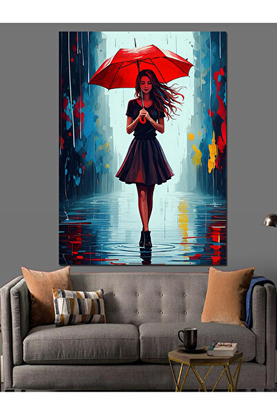 ekart Woman with Red Umbrella Decorative Canvas - Mdf Wooden Painting
