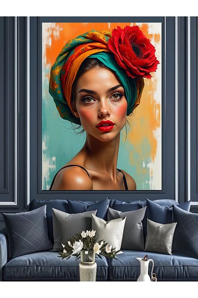Tablomega Woman with Floral Head Scarf Decorative Canvas - Mdf Wooden Painting