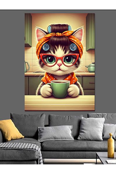 Tablomega Coffee Enjoying Cat Decorative Canvas - Mdf Wooden Painting