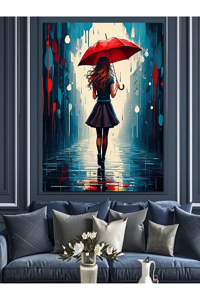 Tablomega Red Umbrella under Rain Decorative Canvas - Mdf Wooden Painting