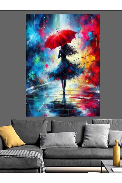 Tablomega Woman with Umbrella under Rain Decorative Canvas - Mdf Wooden Painting