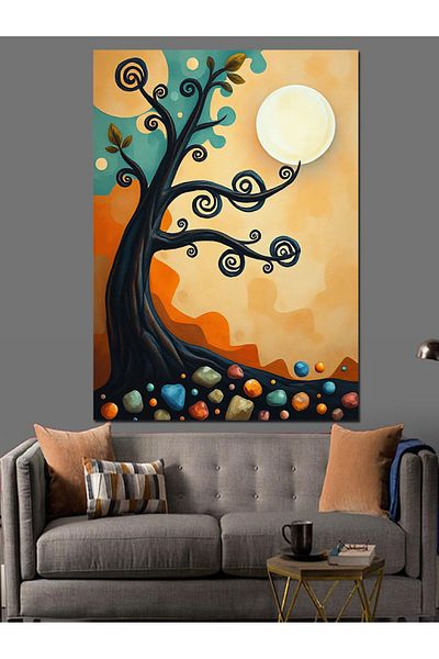 Tablomega Abstract Tree and Moon Decorative Canvas - Mdf Wooden Painting