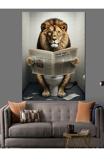 Tablomega Lion Reading Newspaper in the Toilet Decorative Canvas - Mdf Wooden Painting