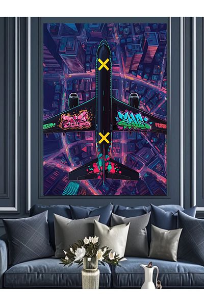 Tablomega Modern Night Sky and Airplane Path Decorative Canvas - Mdf Wooden Painting