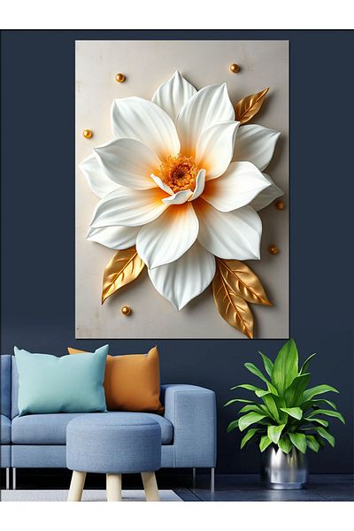 Tablomega White Flower Decorative Canvas with Gold Detail - Mdf Wooden Painting