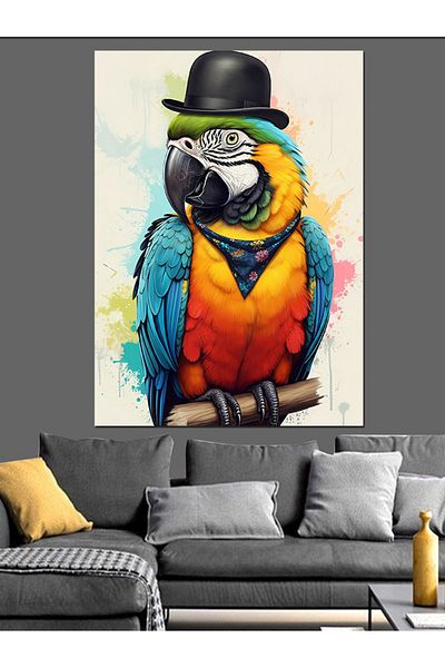 Tablomega Colorful Parrot Portrait Decorative Canvas with Hat - Mdf Wooden Painting