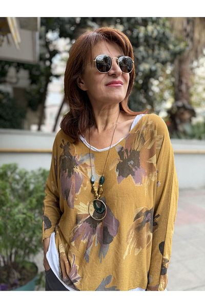 DenizEge Italian Floral Patterned Blouse Mustard