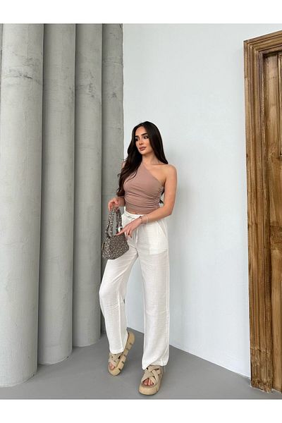 Ozy Fashion Muslin Fabric White Wide Leg Women's Trousers
