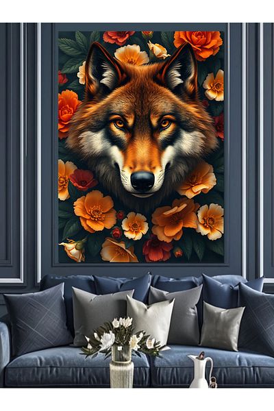 Tablomega Wolf Look with Flowers Decorative Canvas - Mdf Wooden Painting