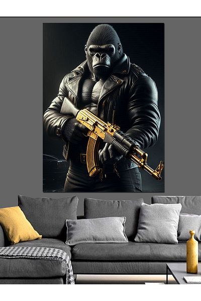 Tablomega Gorilla's Seriousness with Gun Decorative Canvas - Mdf Wooden Painting