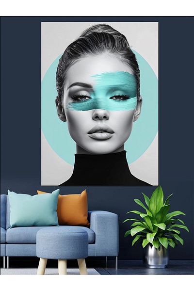 Tablomega Woman Decorative Canvas with Blue Makeup - Mdf Wooden Painting