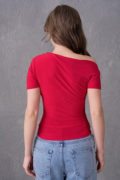bayansepeti Flexible Sandy Fabric Drape Design Short Sleeve Basic Red Blouse 13433
