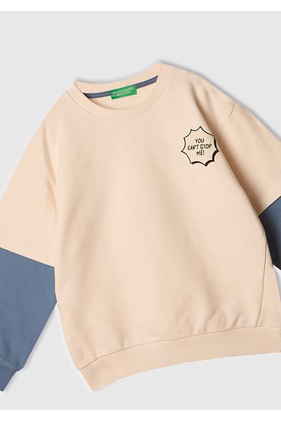 United Colors of Benetton Boy's Ecru Graphic Printed Double Sleeve Crew Neck Sweatshirt