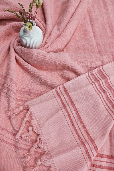 Sevim 90x170 Salmon Pink Striped Soft High Absorbent Cotton Towel Peshtemal