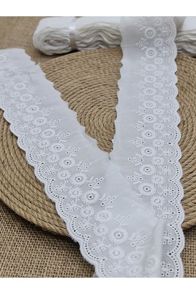 Esteks Dantel ve Tekstil Aksesuarları Lace Scallop Voile over Embroidery Width 7cm Luxury Scallop Lace Ecru 1Ball 8.5Meter