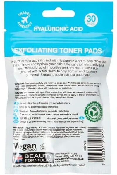 BEAUTY FORMULAS Hyaluronic Acid Exfoliating Toner Pads | 30 Pads