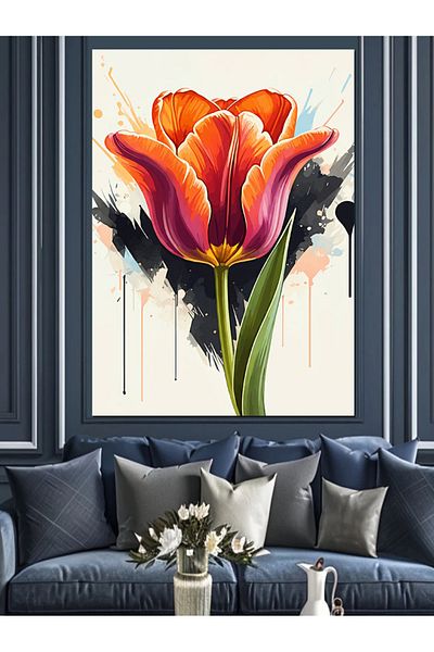 Tablomega Flame Red Tulip Decorative Canvas - Mdf Wooden Table