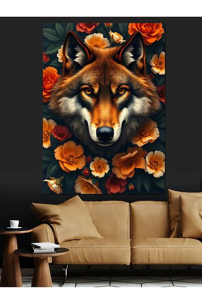 Tablomega Wolf Look with Flowers Decorative Canvas - Mdf Wooden Painting