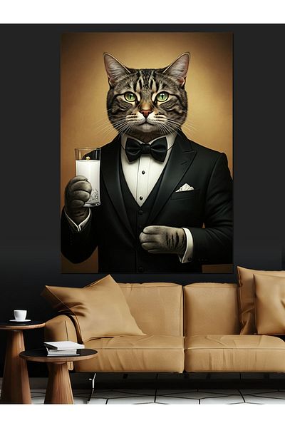 Tablomega Elegant Cat and Goblet Decorative Canvas - Mdf Wooden Painting