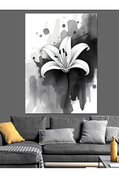 Tablomega Pânză Decorativă Crin Alb Negru - Lemn MDF